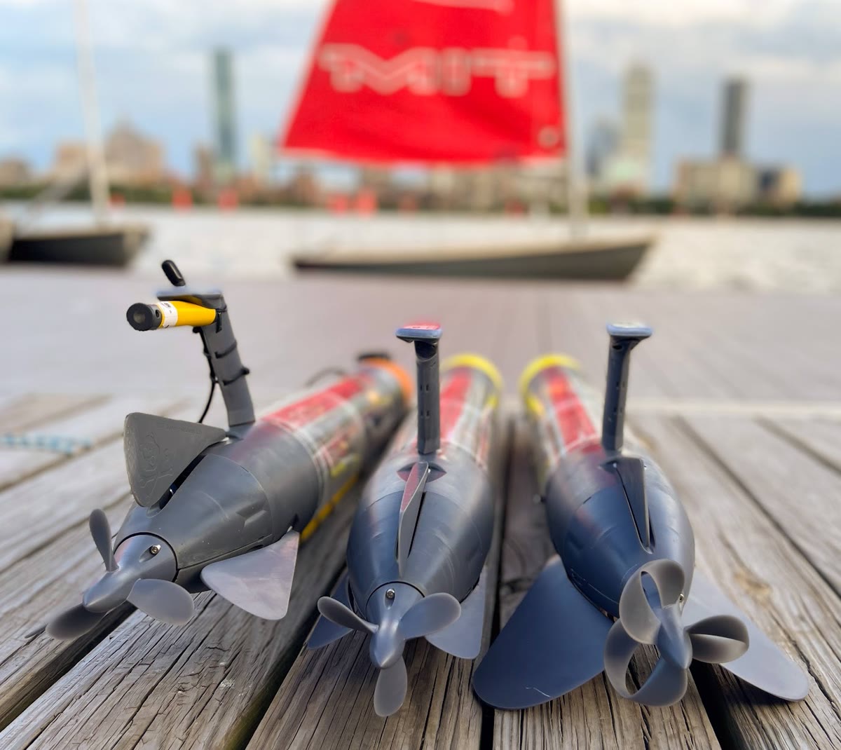 Two Spurdog AUVs staged on the dock before a cooperative navigation mission